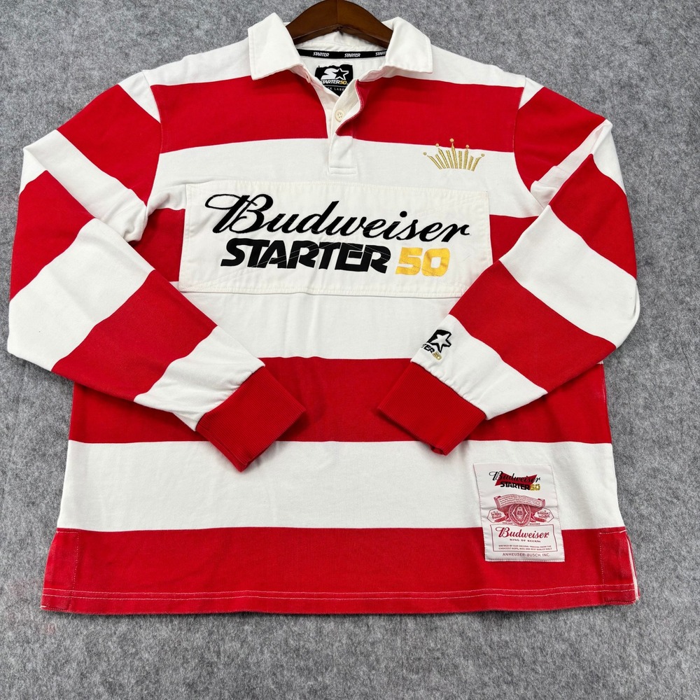 Budweiser Starter 50th Anniversary Mens Rugby Shirt Red White Striped Large L
